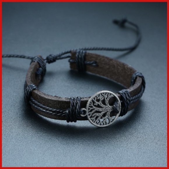 NWT BLACK LEATHER ADJUSTABLE WRISTBAND WITH SILVER TONE TREE OF LIFE - Picture 2 of 5